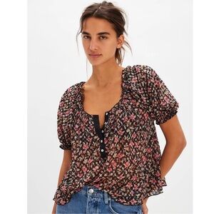 Free People Astra Peasant Top Sheer Black Floral Size Small